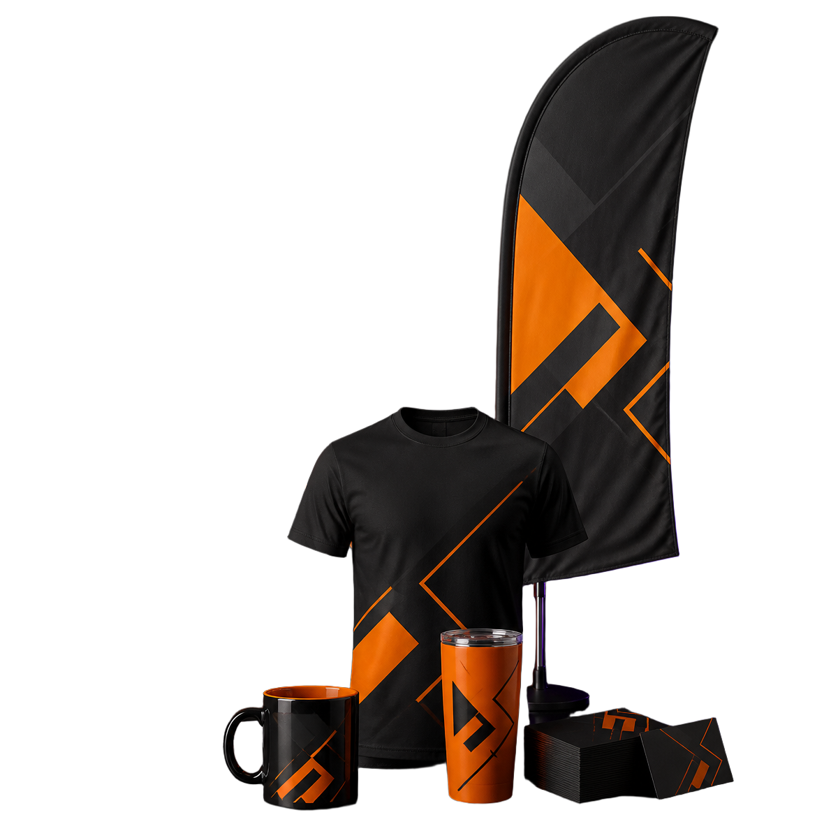 Composição de produtos da Studio Gráfica: wind banner, camisa, caneca, copo long drink e cartões de visita personalizados